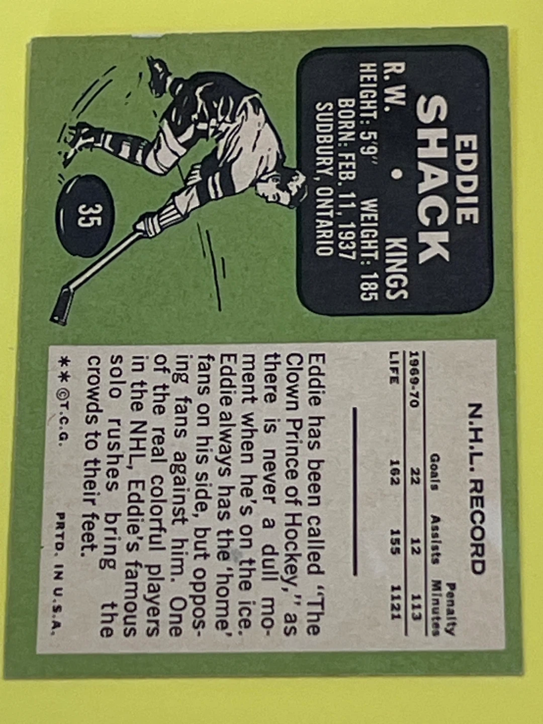 Eddie Shack L.A. Kings Hockey Card - photo 3
