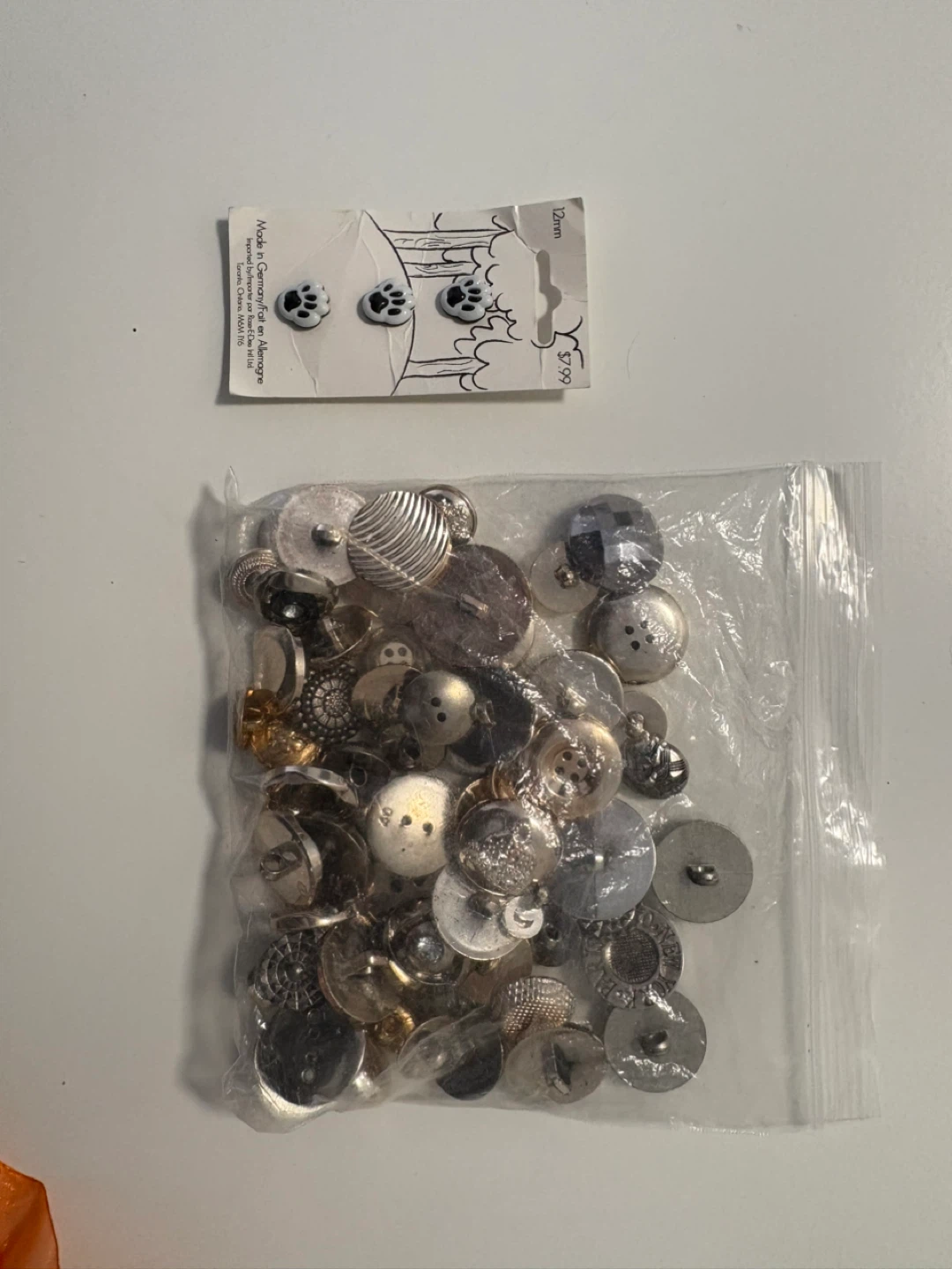 Bag of Assorted Buttons + Paw Print Earrings