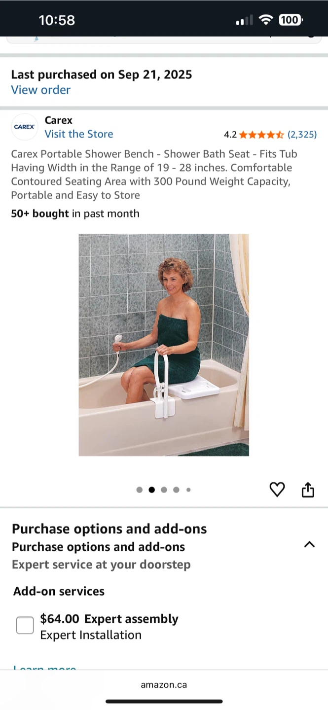 Carex Portable Shower Bench - Fits Tub 19-28" - photo 2
