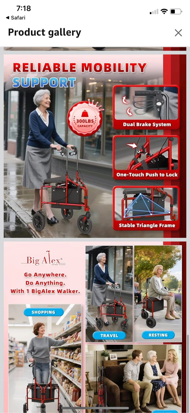 New-3 Wheel Rollator Walker - Red - photo 2