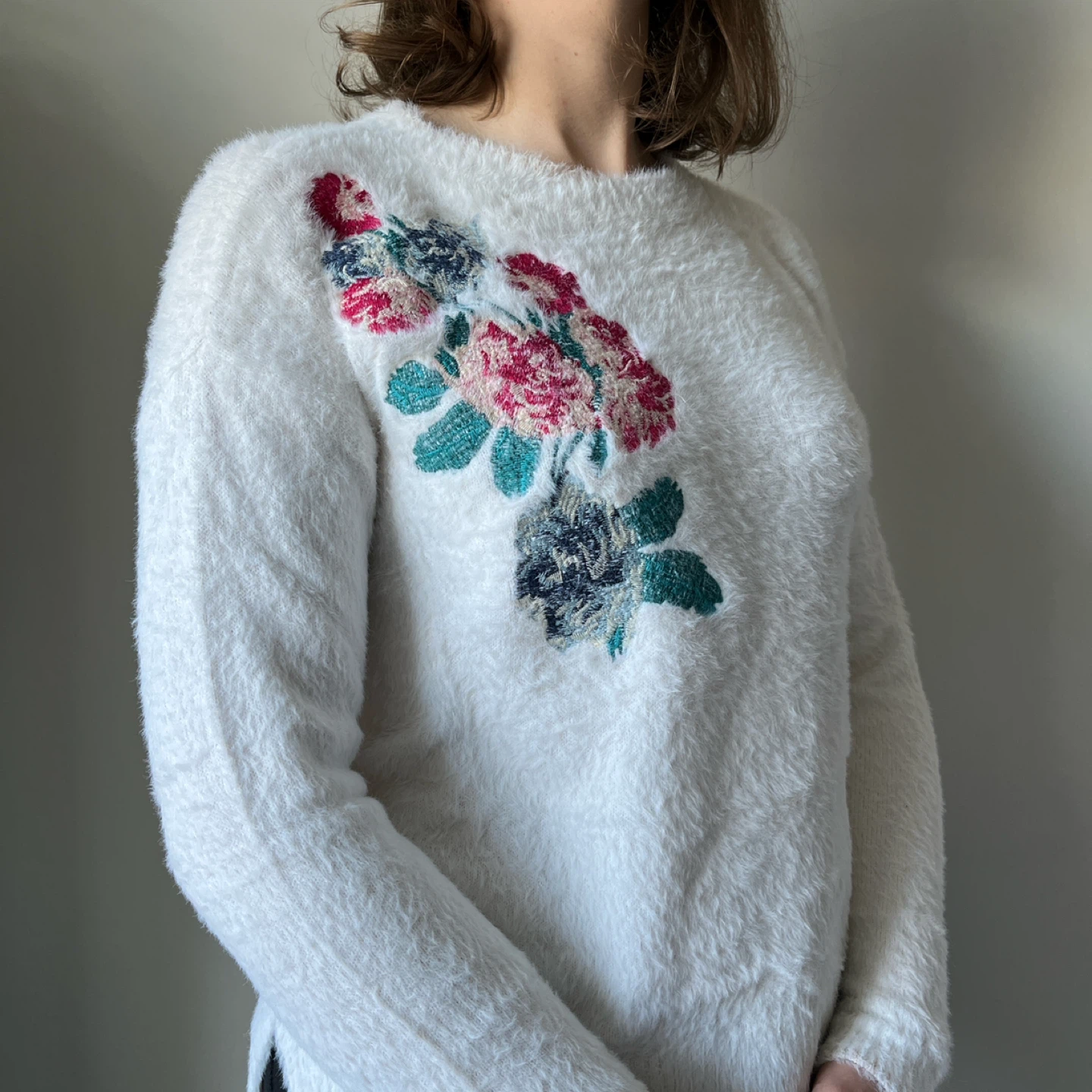 Springfield Floral Embroidered Fuzzy Sweater - Size S