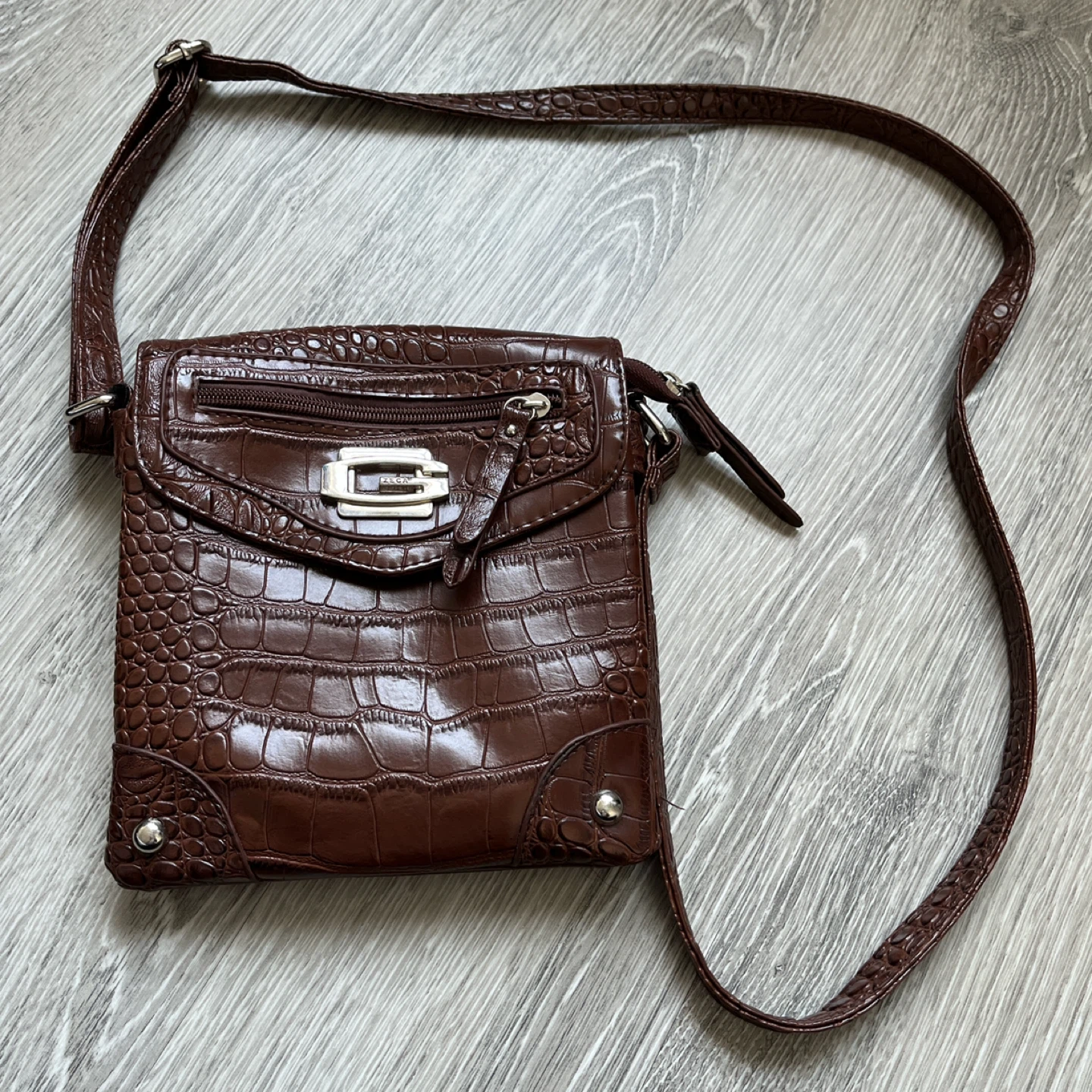 Croc Embossed Brown Crossbody Bag