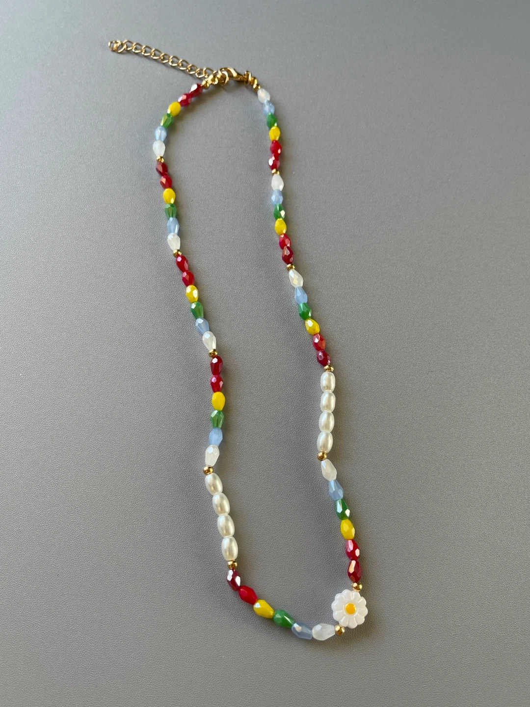Colorful Beaded Necklace with Pearl and Daisy Accent