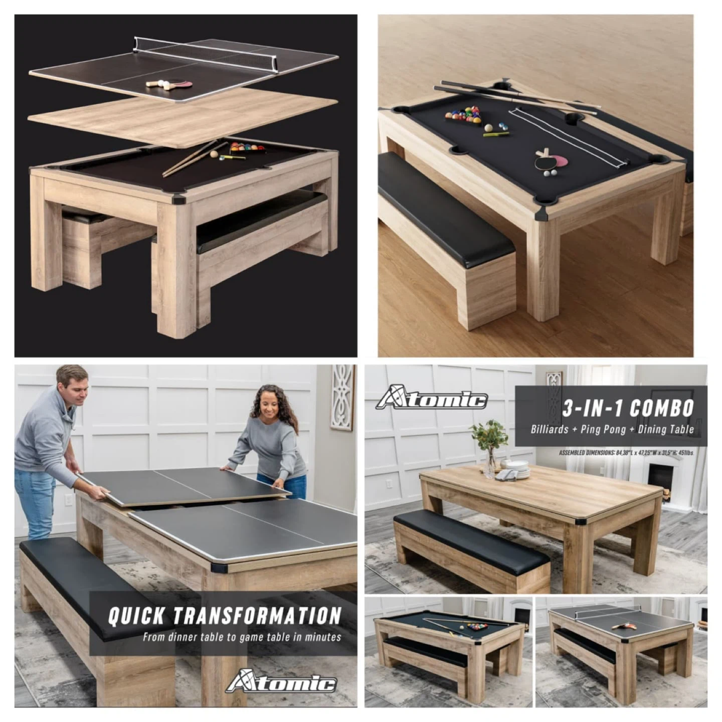 Atomic 3-in-1 Combo Billiards/Ping Pong/Dining Table