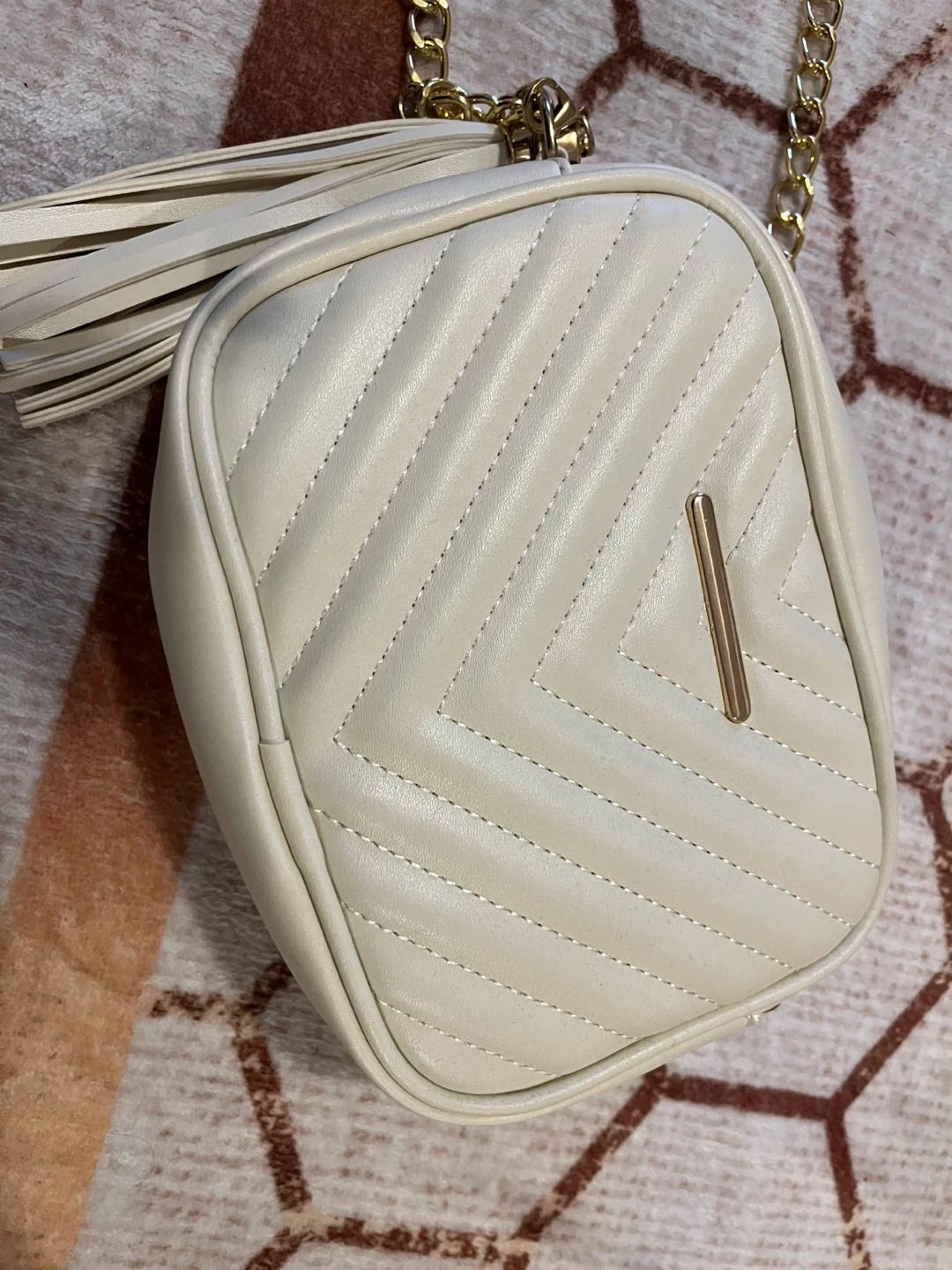 Cream Quilted Crossbody Bag with Gold Chain