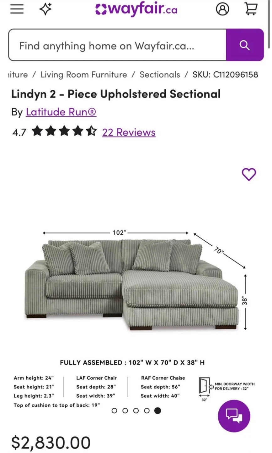GREY CORDUROY SECTIONAL 2-PIECE - photo 4