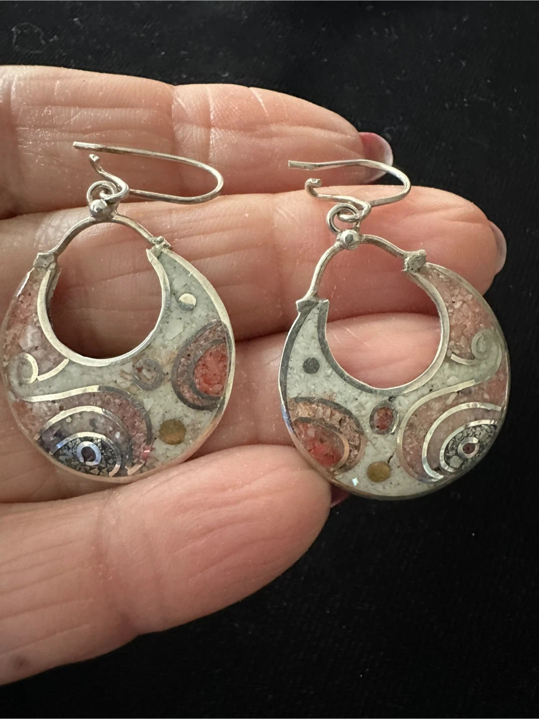 Silver Hoop Earrings with Stone Inlay