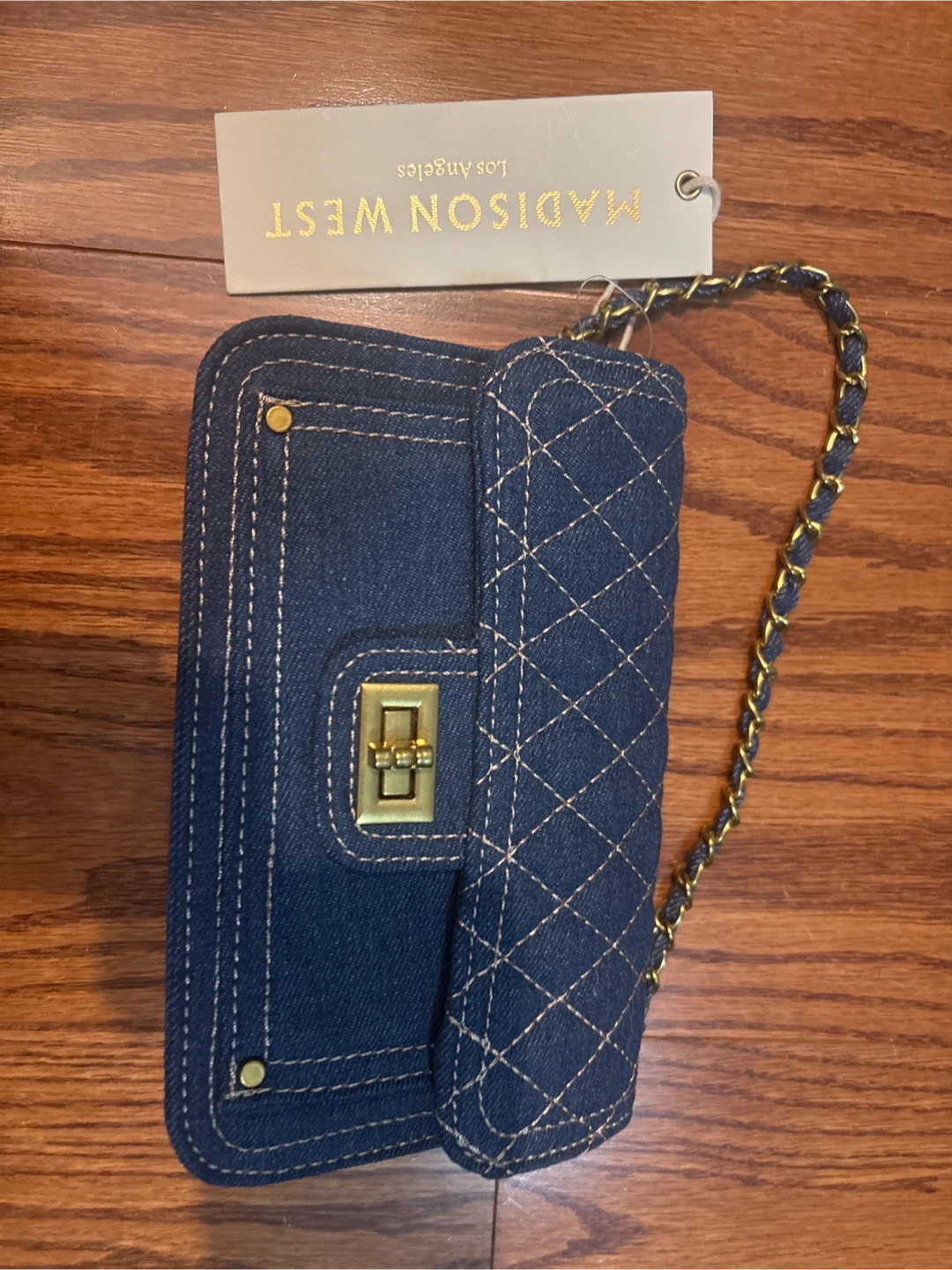 Madison West Denim Quilted Chain Bag