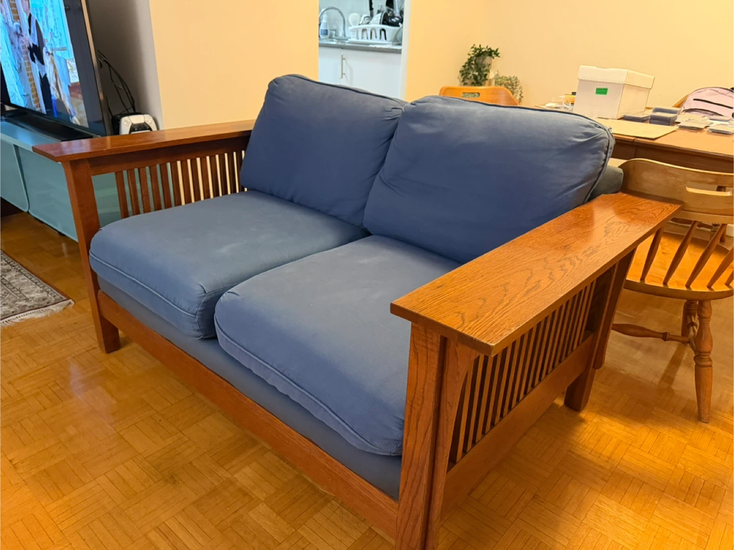 Wood Frame Loveseat with Blue Cushions - photo 2