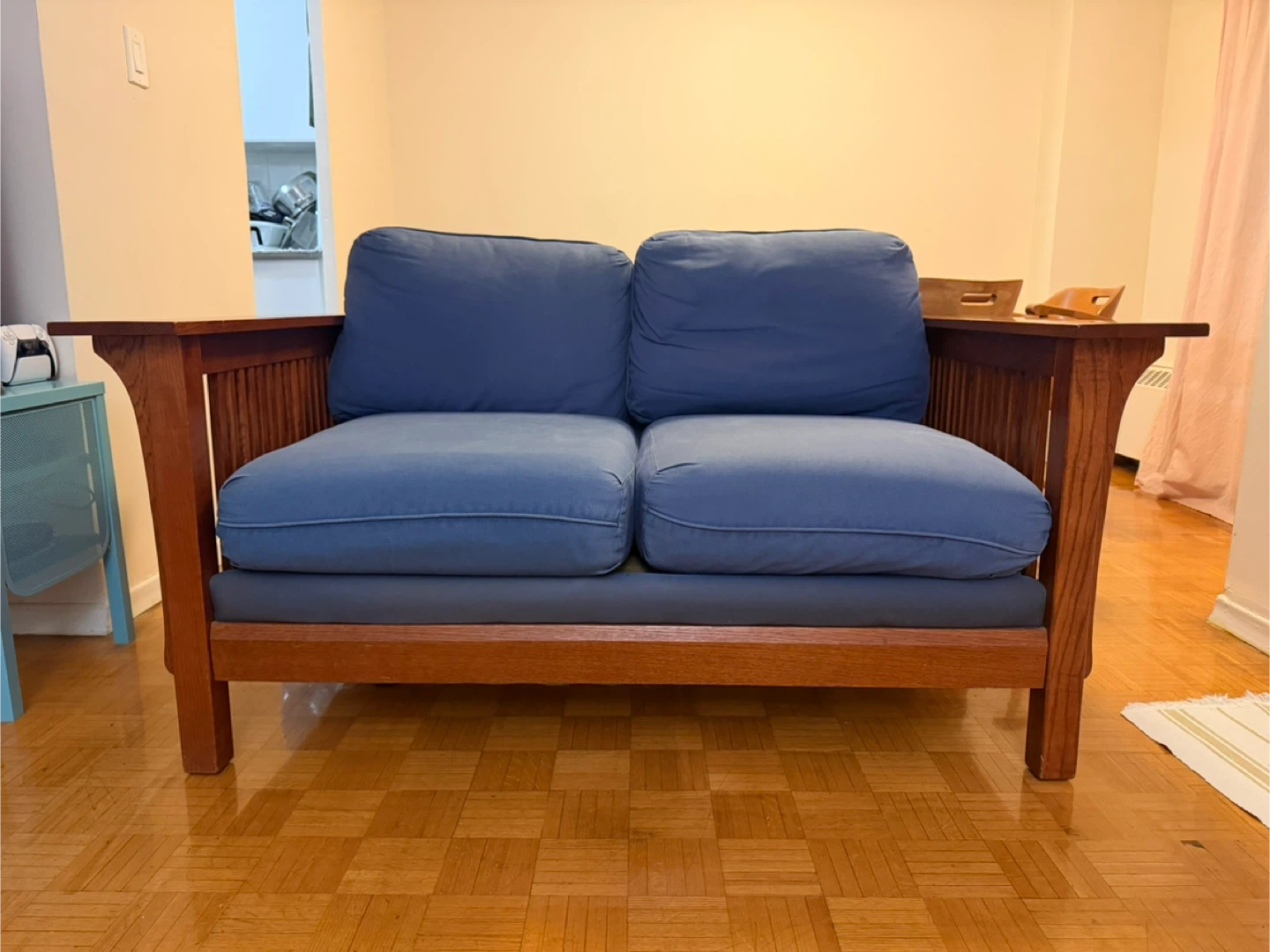 Wood Frame Loveseat with Blue Cushions