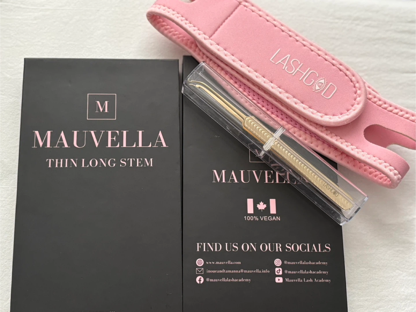 Mauvella Thin Long Stem Tweezers & Lashgod Headband