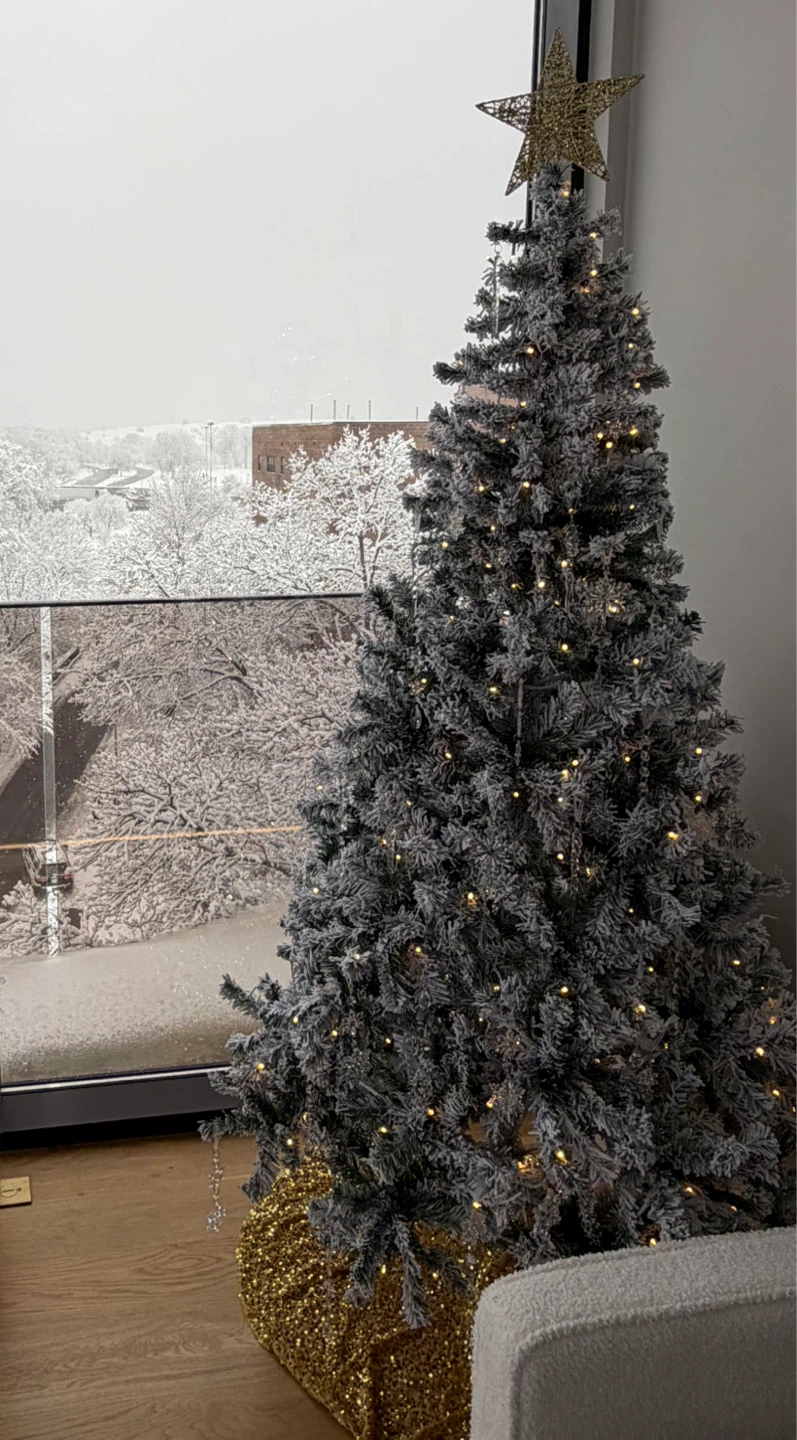 6.5’ Flocked Pre-Lit Christmas Tree with Ornaments Included
