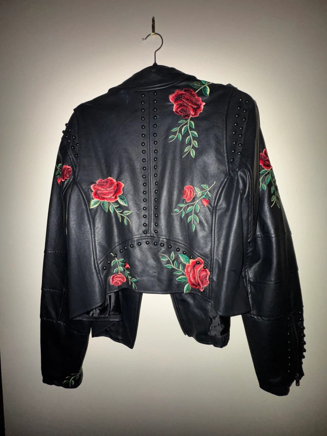Black studded, rose embroidered ,faux leather Moto jacket - photo 3