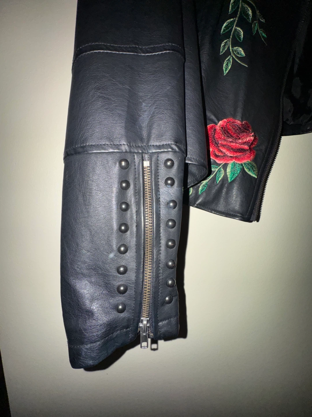 Black studded, rose embroidered ,faux leather Moto jacket - photo 5