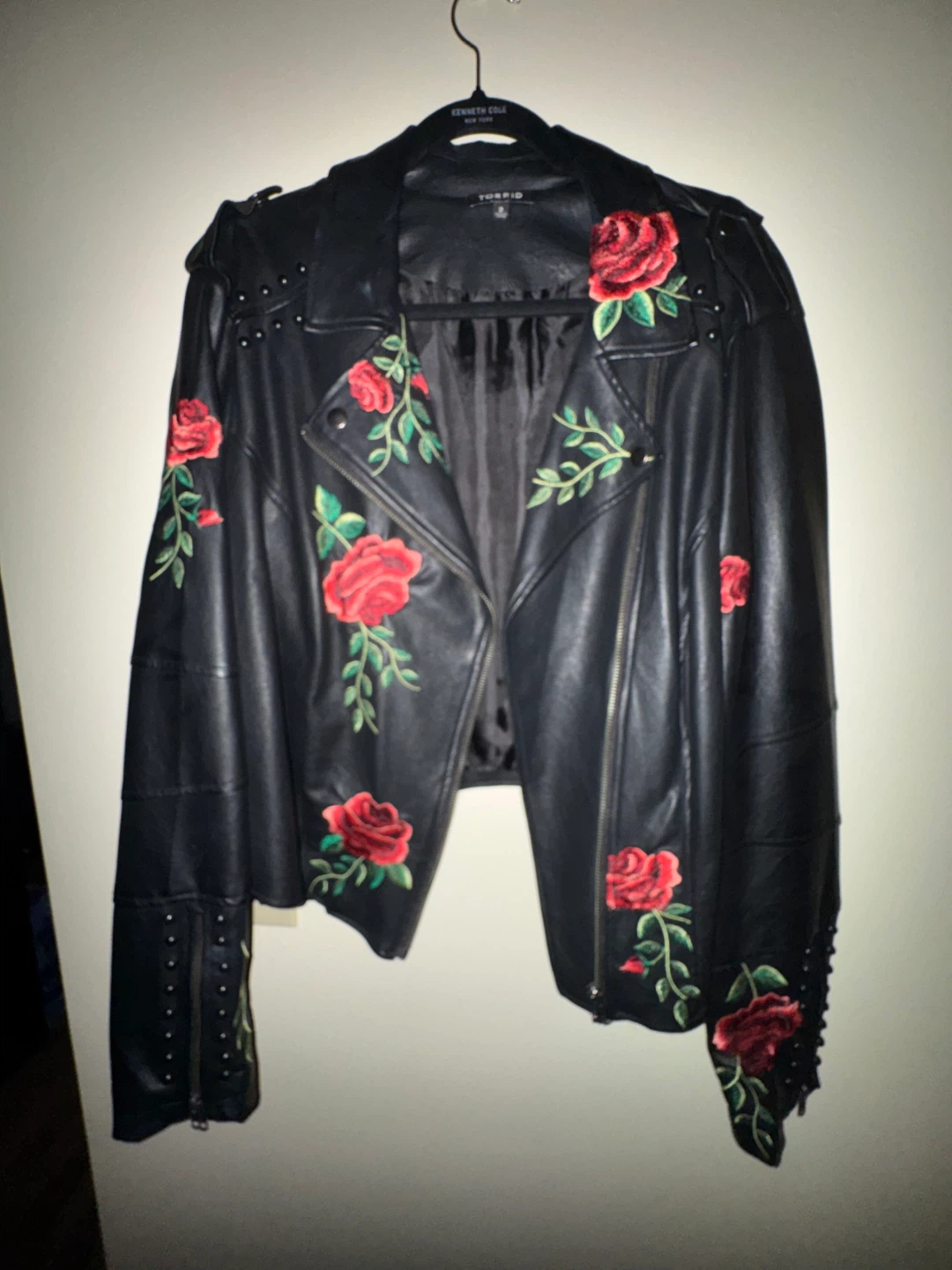 Black studded, rose embroidered ,faux leather Moto jacket - photo 2