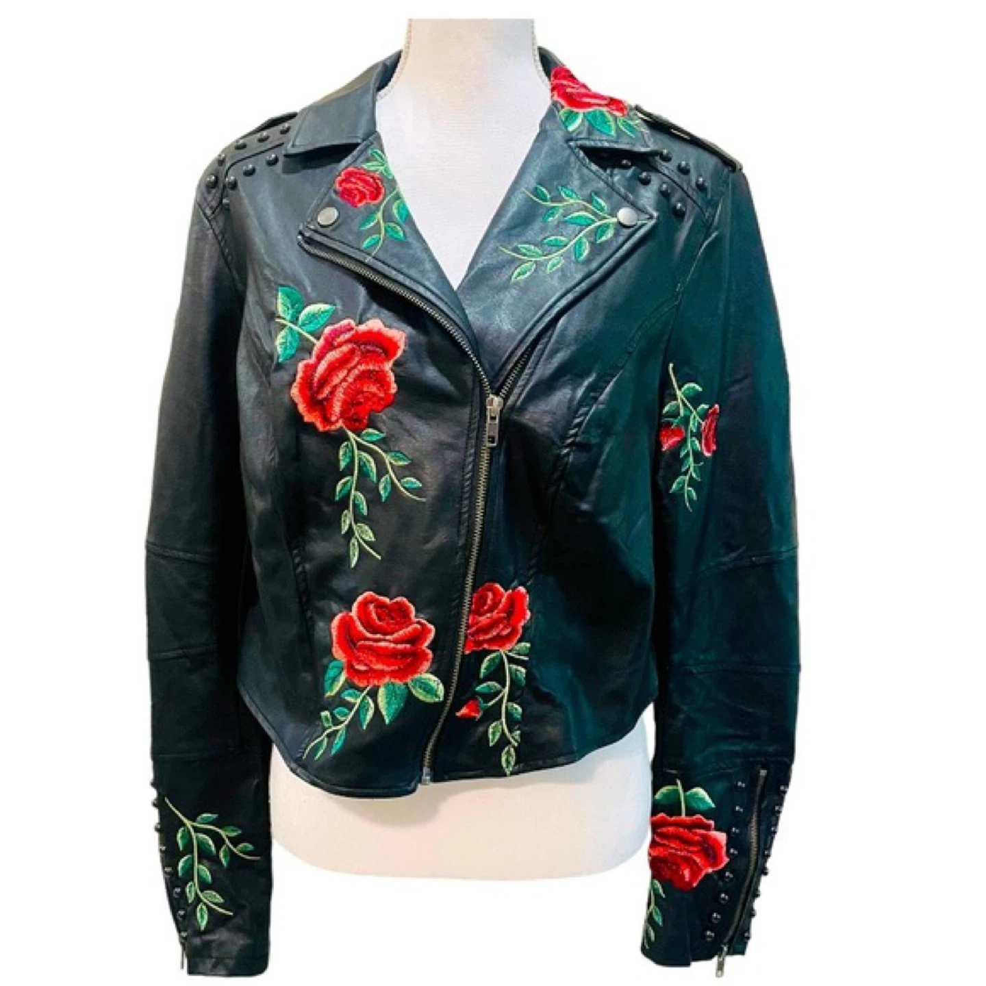 Black studded, rose embroidered ,faux leather Moto jacket