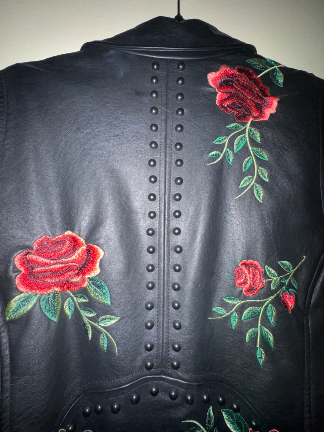 Black studded, rose embroidered ,faux leather Moto jacket - photo 4