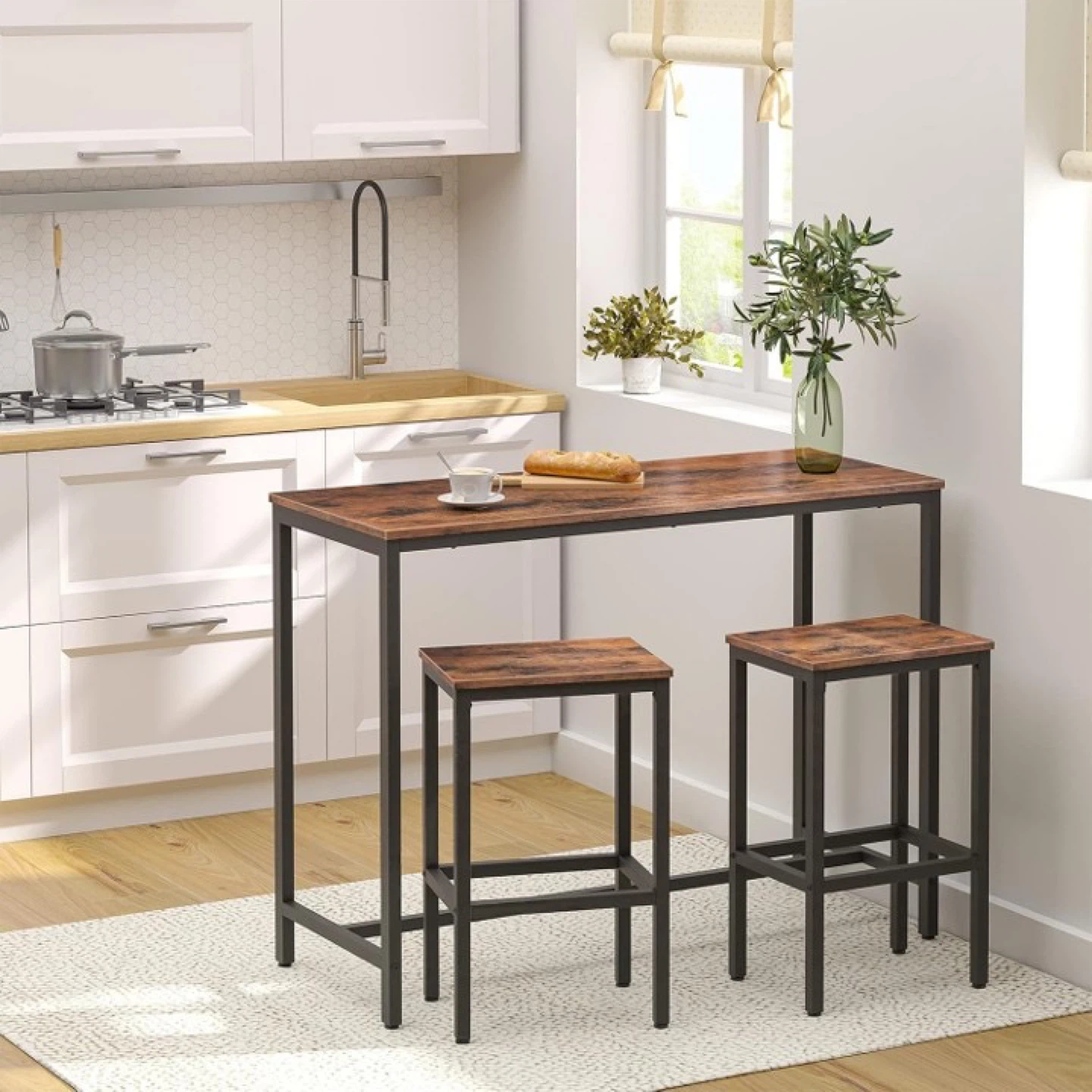 Rustic Brown Bar Table Set w/ 2 Stools