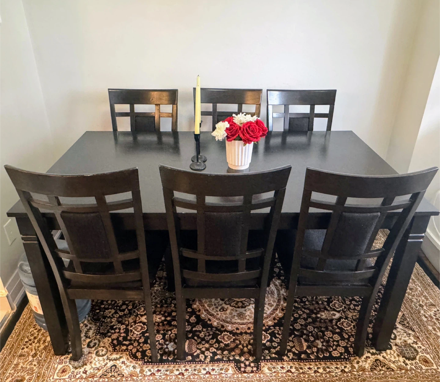 Dining table with chair- Set of 6 - Dark Brown Wood