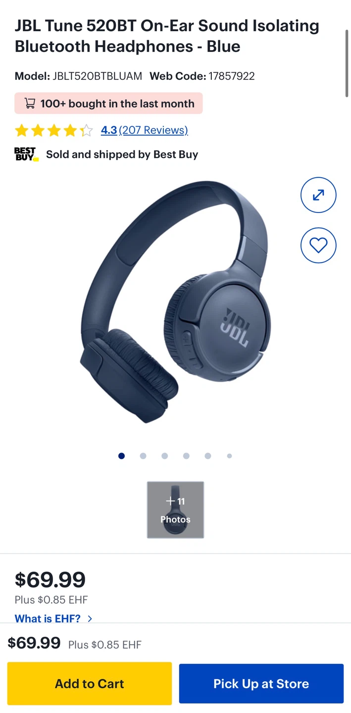 JBL Tune 520BT Blue Bluetooth Headphones