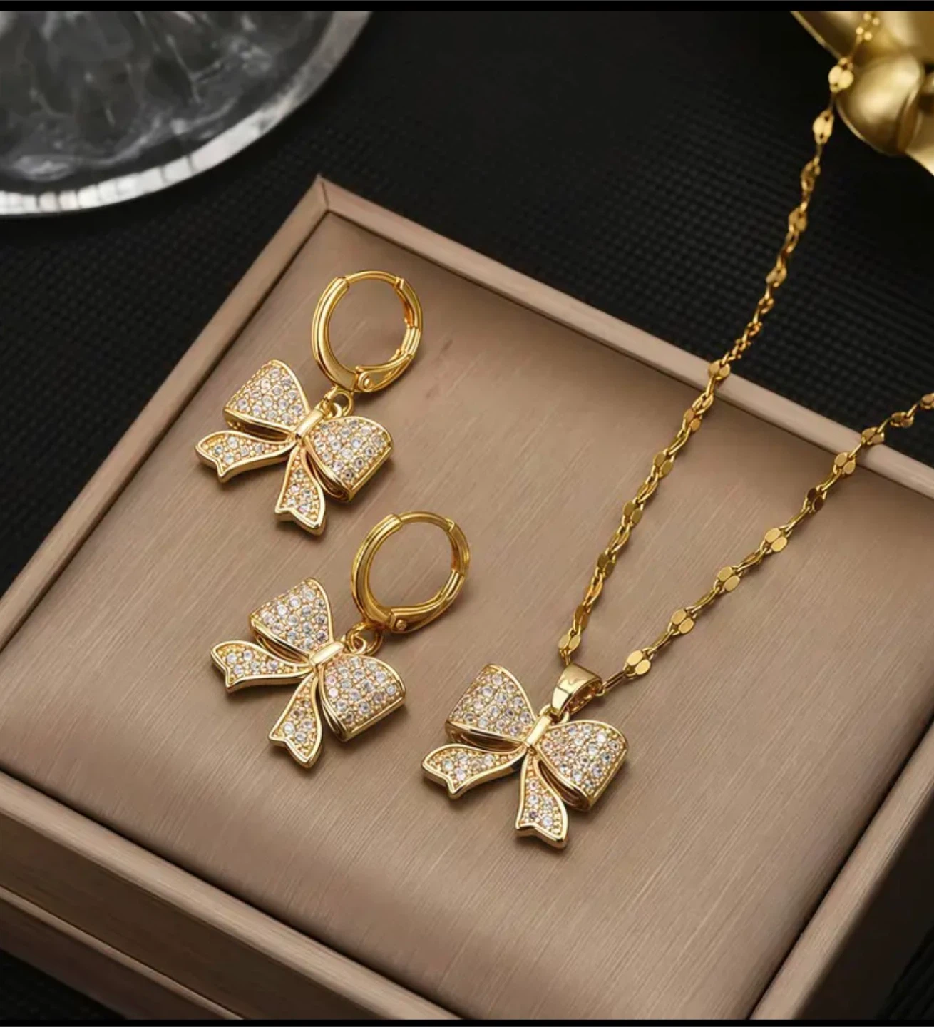 Gold Bowknot Necklace and Earring Set