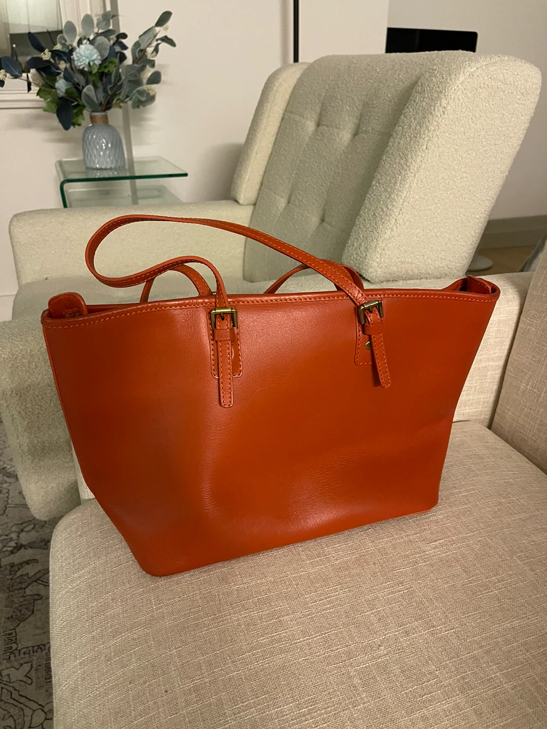 Orange Leather Tote Bag