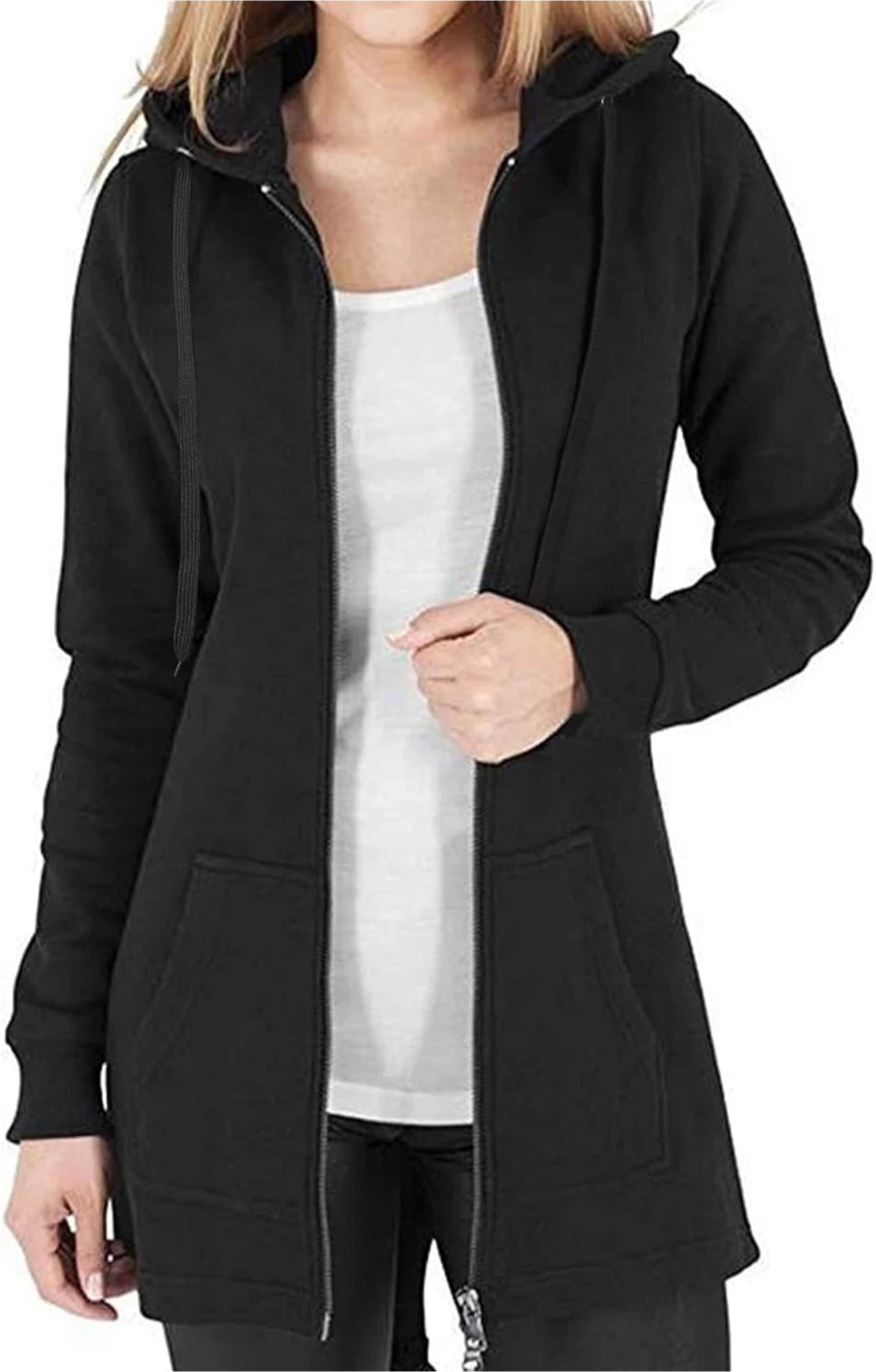 NEW! Long Black Zip-Up Hoodie With Pockets