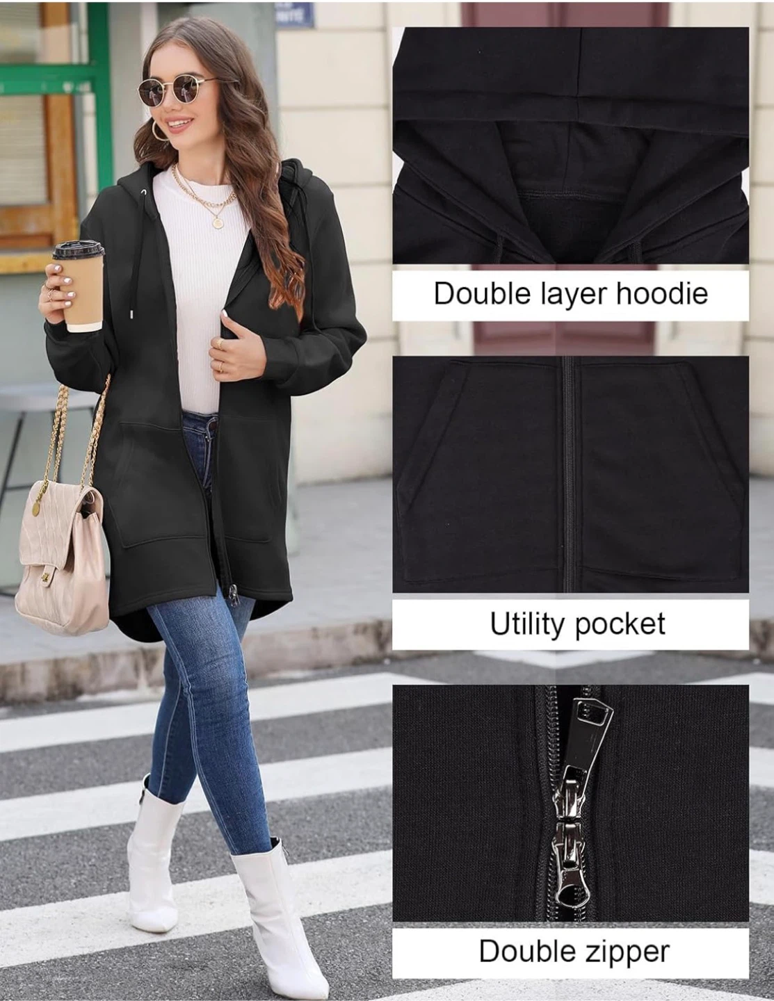 NEW! Long Black Zip-Up Hoodie With Pockets - photo 4