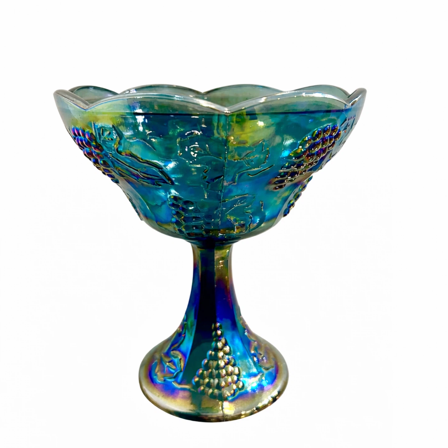 Antique Uranium Carnival Glass Grapevine Compote 7.75