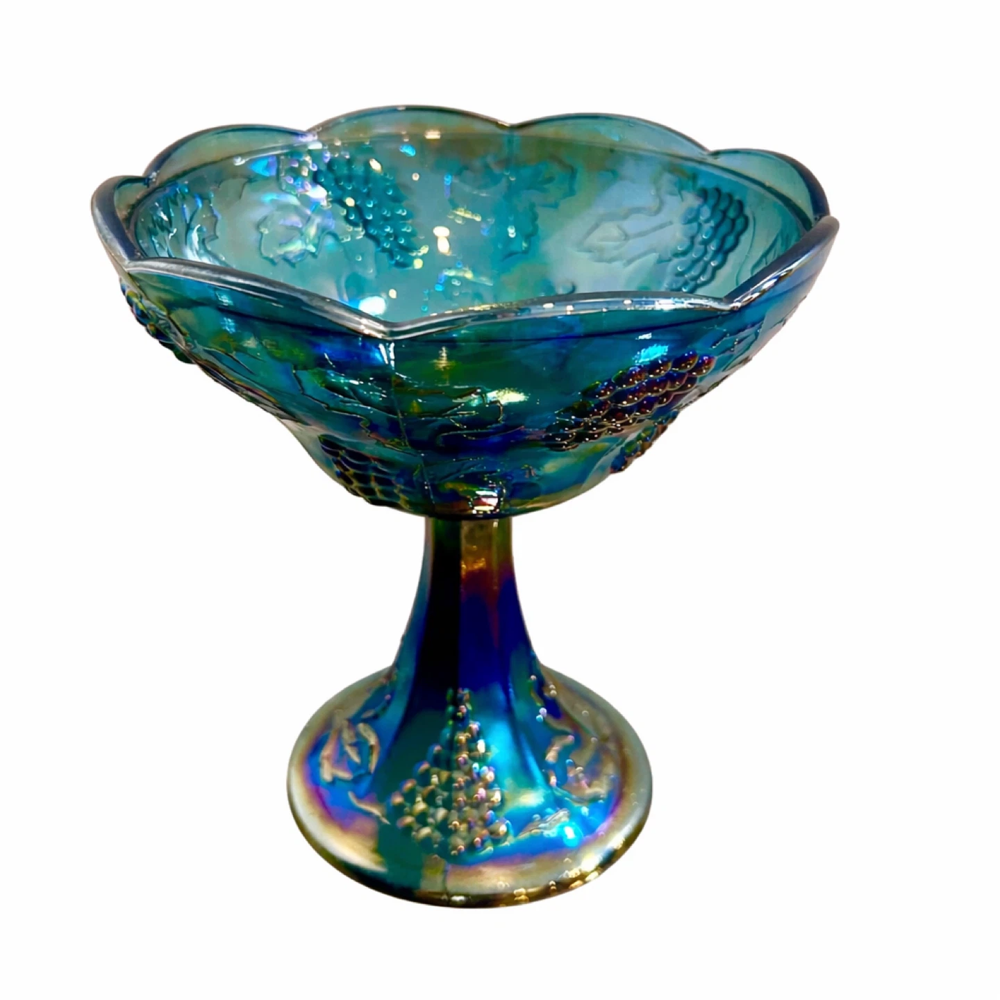 Antique Uranium Carnival Glass Grapevine Compote 7.75 - photo 2