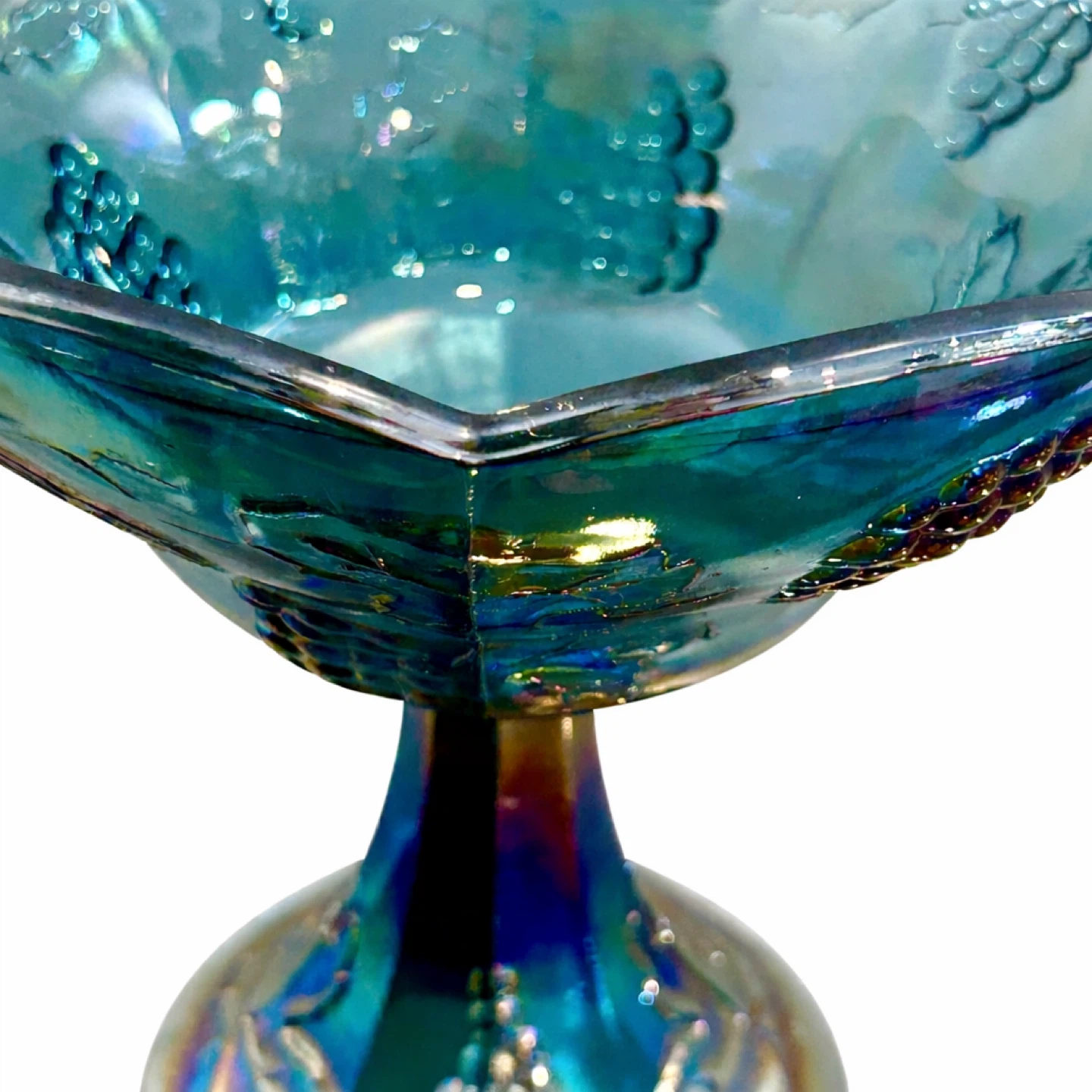 Antique Uranium Carnival Glass Grapevine Compote 7.75 - photo 3