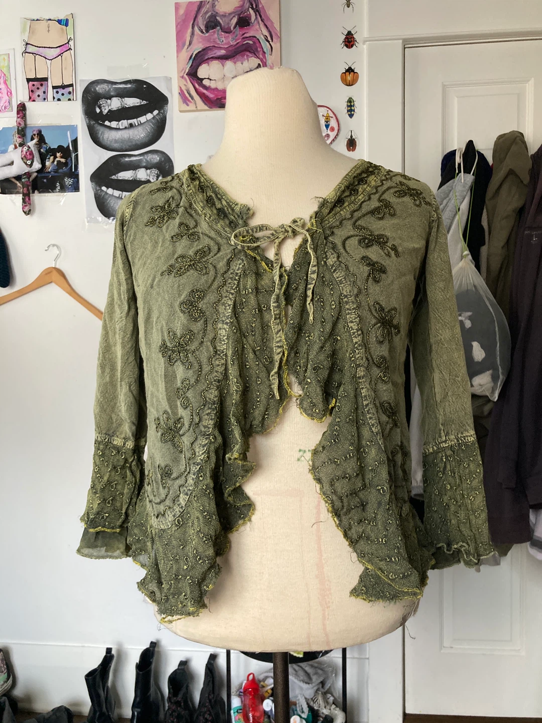Green Embroidered Tie-Front Top