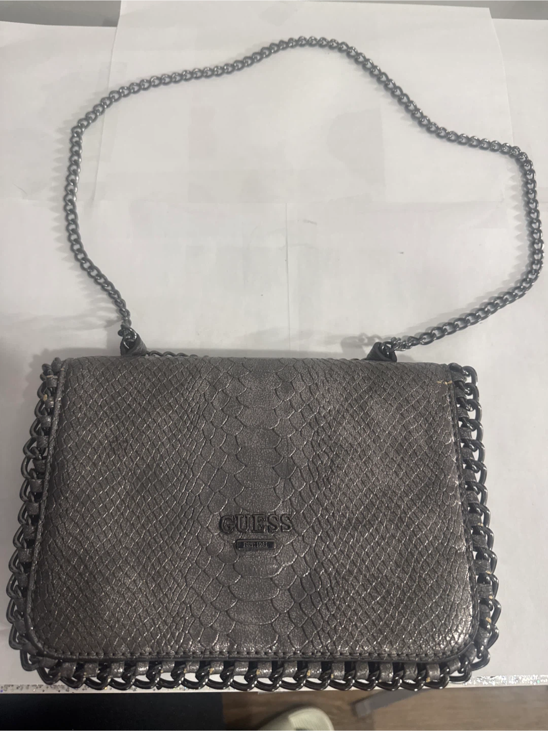 Guess Silver Snakeskin Chain Bag