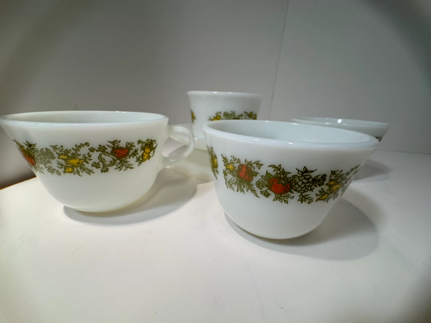 VINTAGE Pyrex "Spice of Life" milk glass coffee mugs.