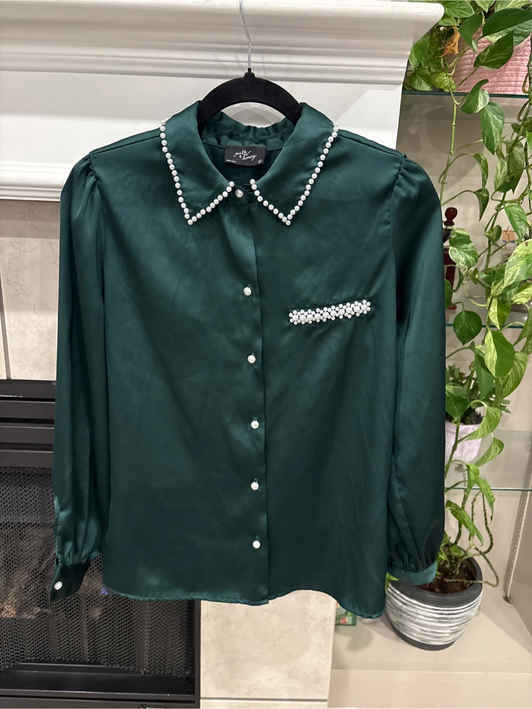 Milk & Honey Green Blouse with Pearl Detail