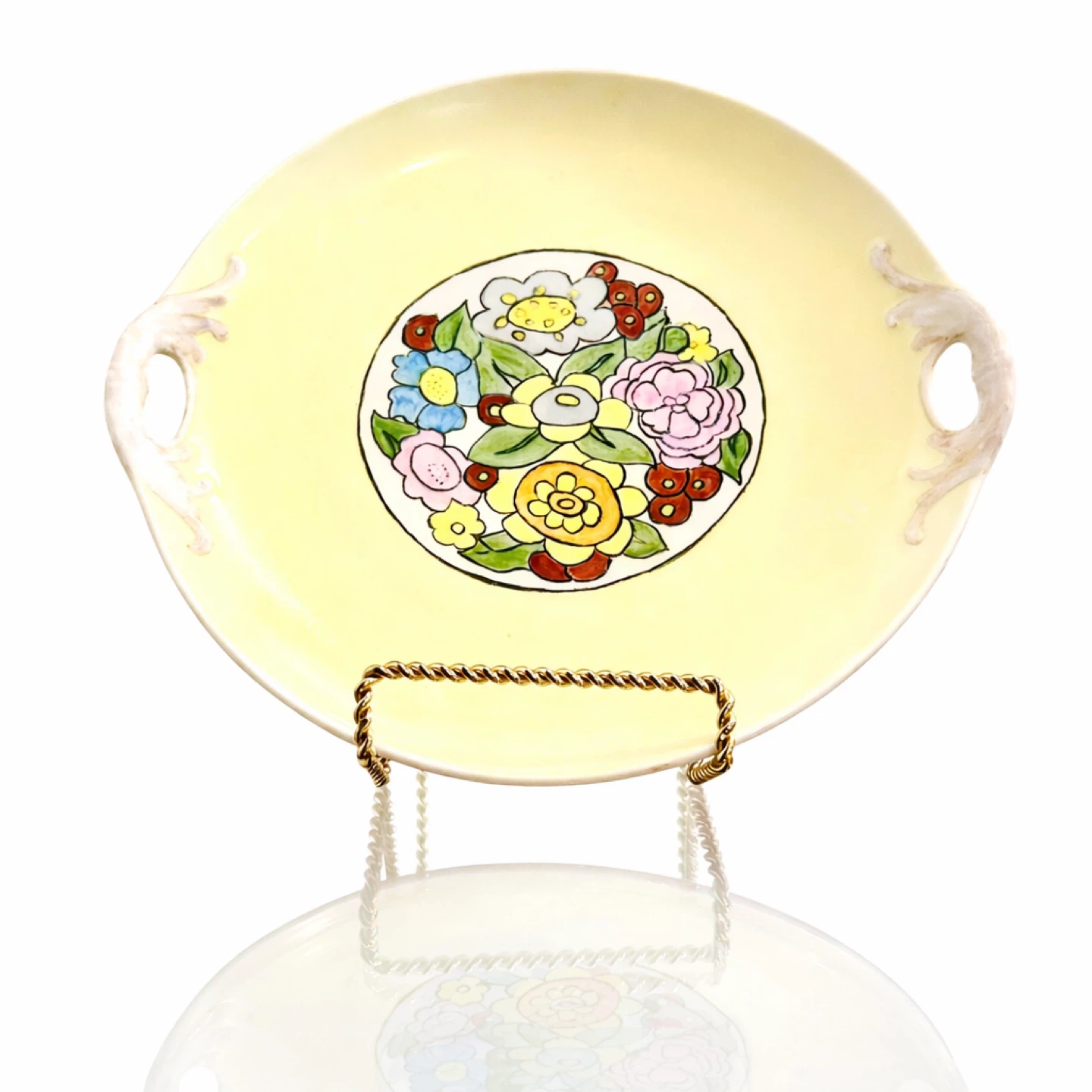 Art Deco Hand-Painted Floral Sandwich Plate, T.A.F.G.