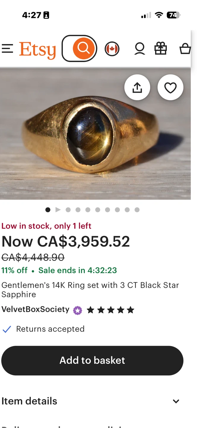 Gentlemen's 14K Gold Ring with Black Star Sapphire - photo 4