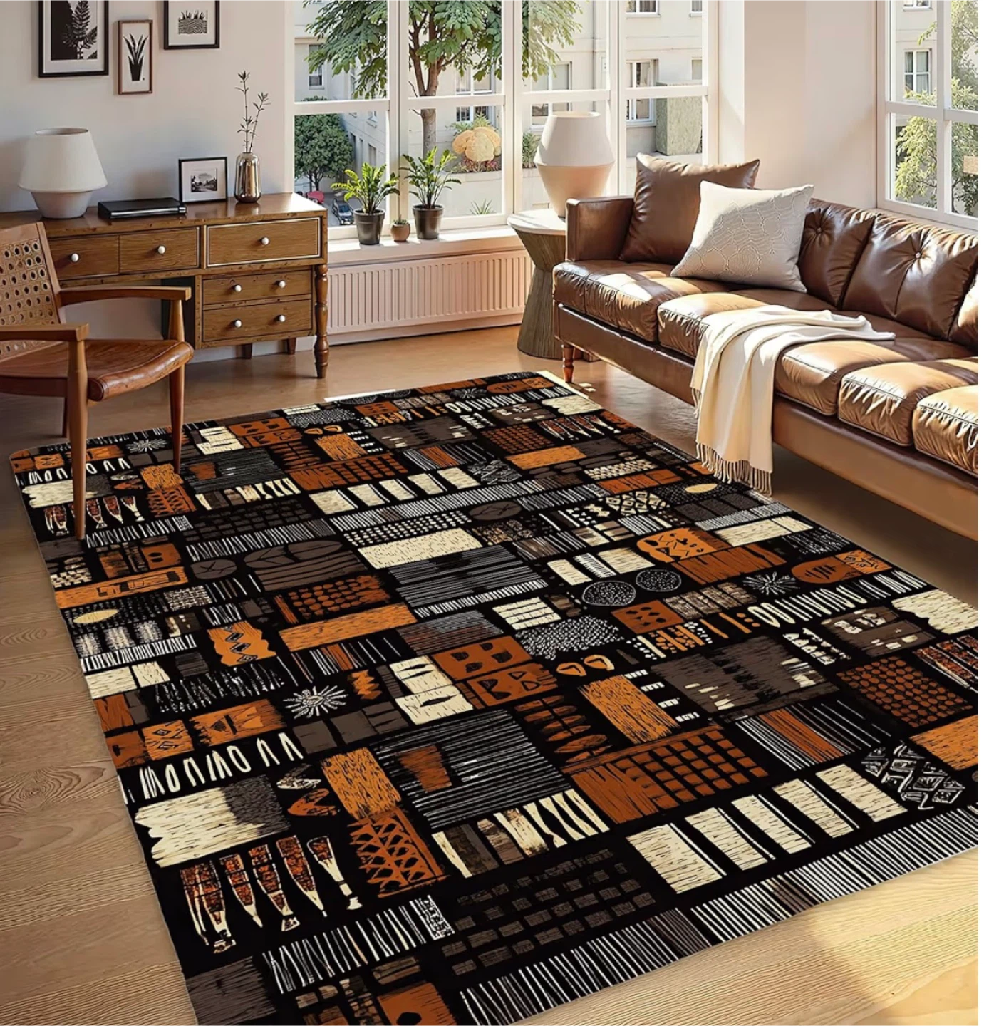 African Style Brown Orange Area Rug 7'1" x 5'