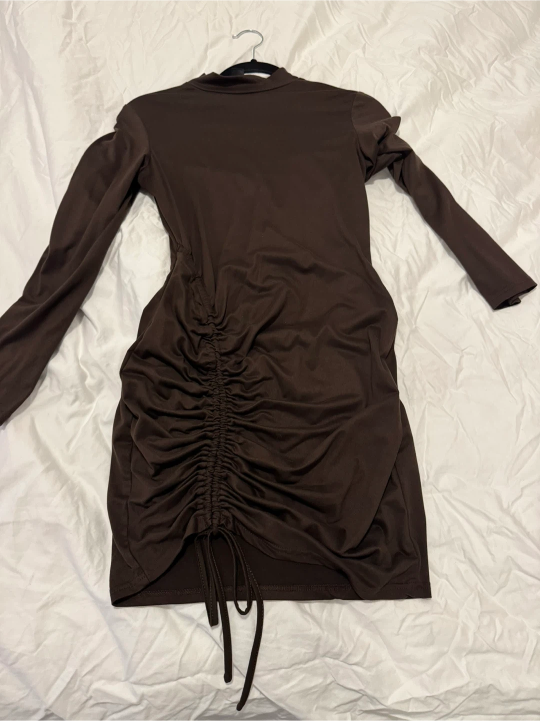 Brown Long Sleeve Ruched Dress - M