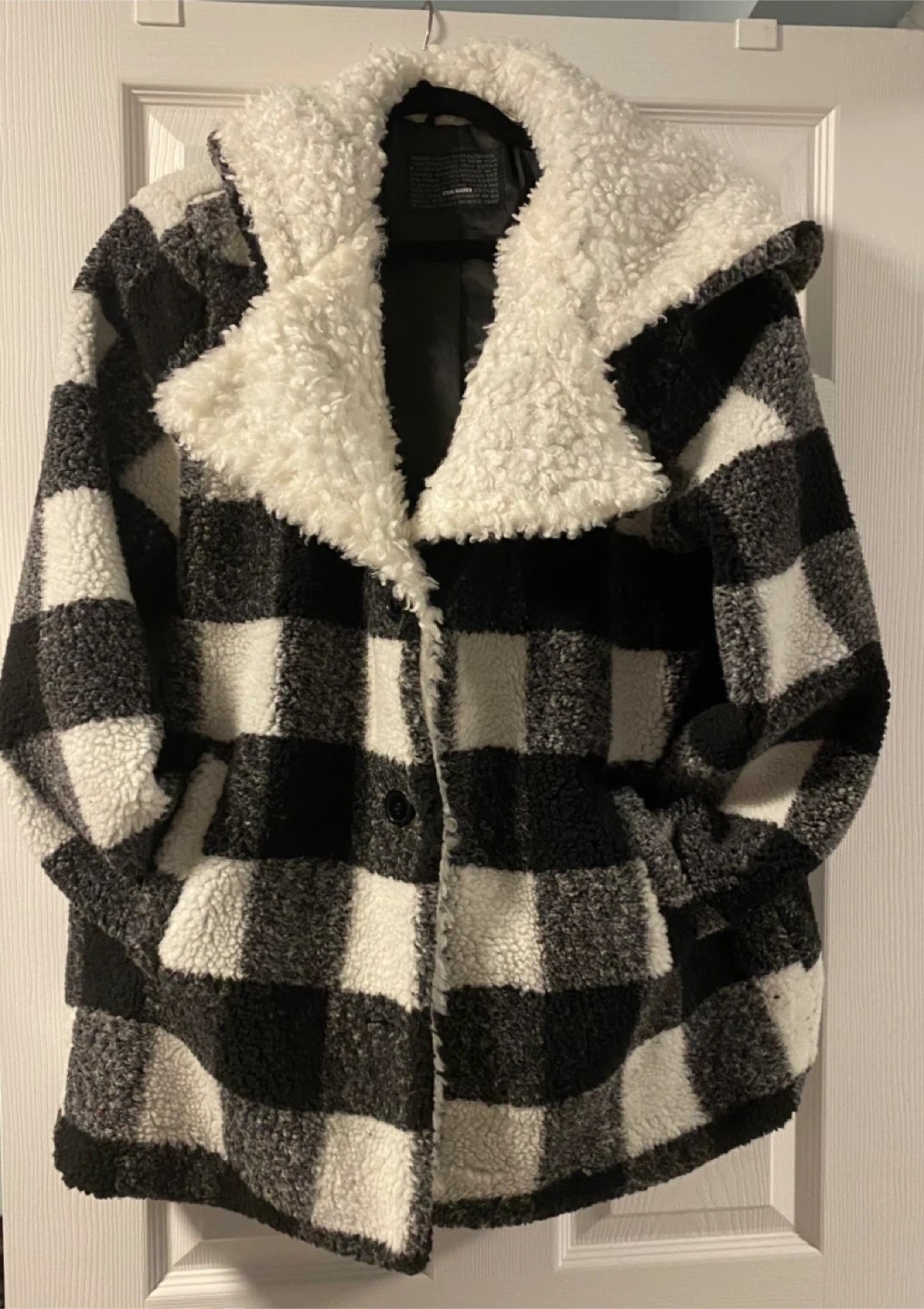 Steve Madden Black & White Plaid Sherpa Coat