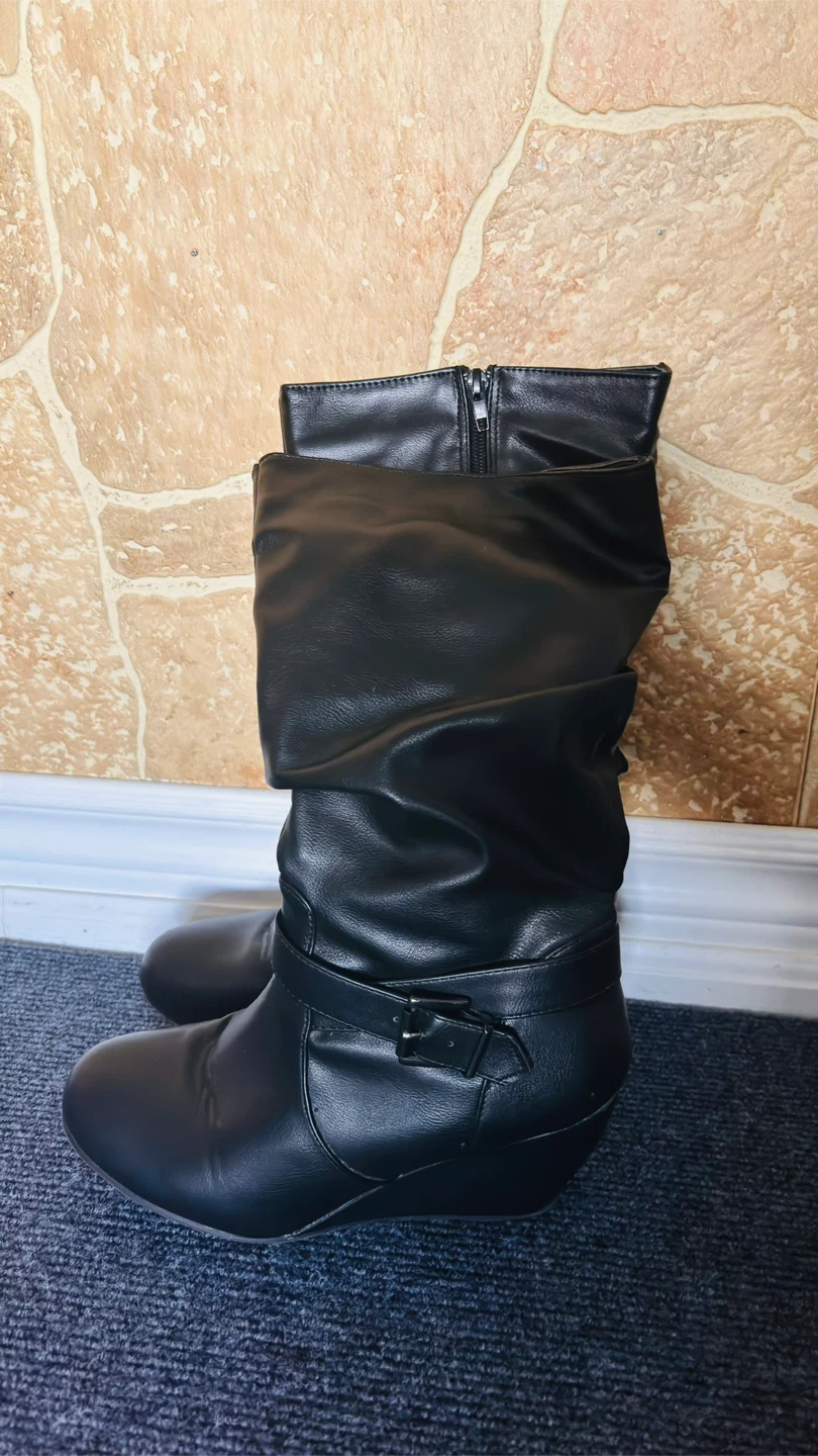 Black Wedge Heel Boots - Size 8