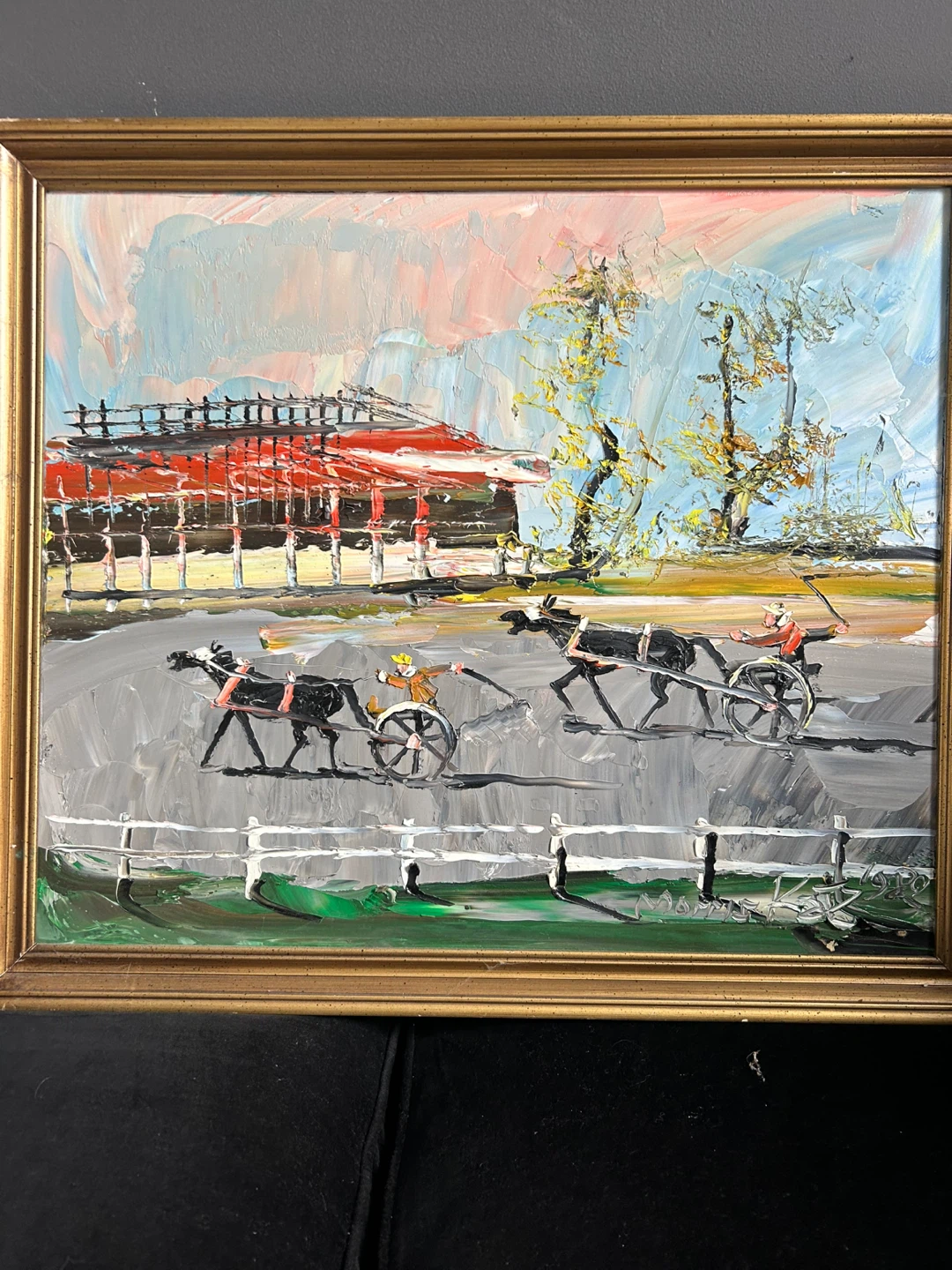 Original Morris Katz Oil Painting - Horse Racing Scene