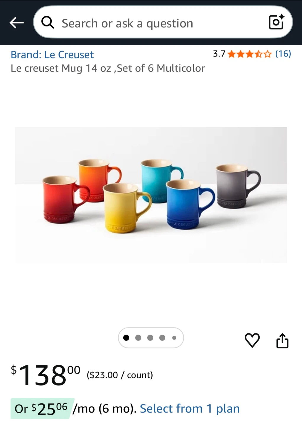Le Creuset Set of 6 Multicolor Mugs