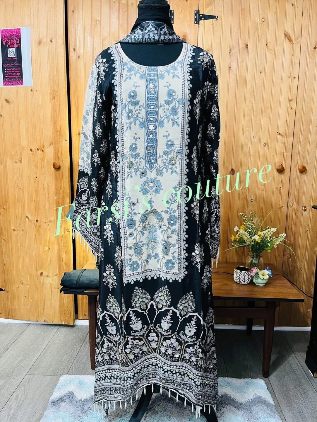 Farsi's Couture Black & White Embroidered Dress