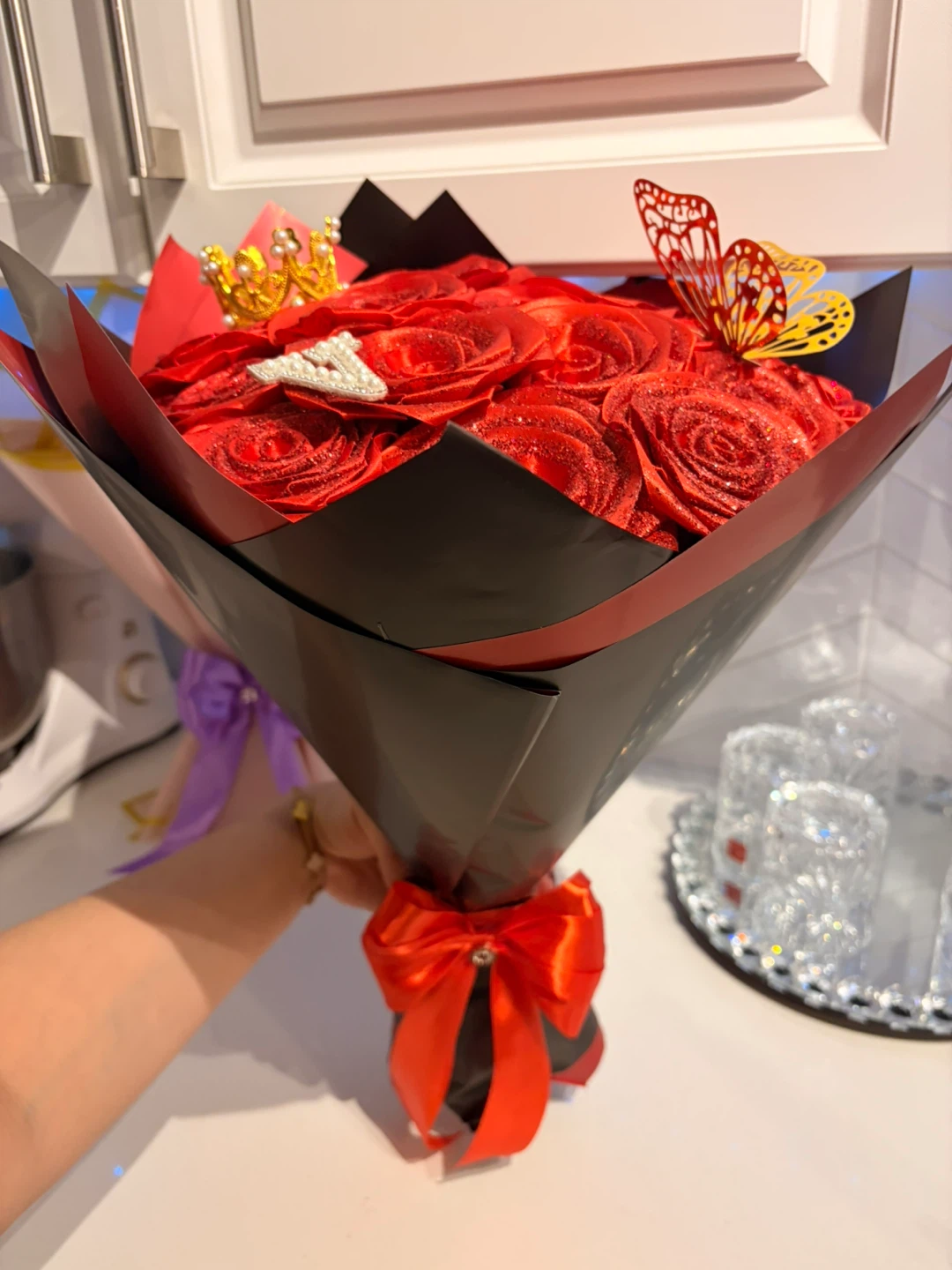 Rose Bouquet with Crown & Butterfly Decor - photo 4