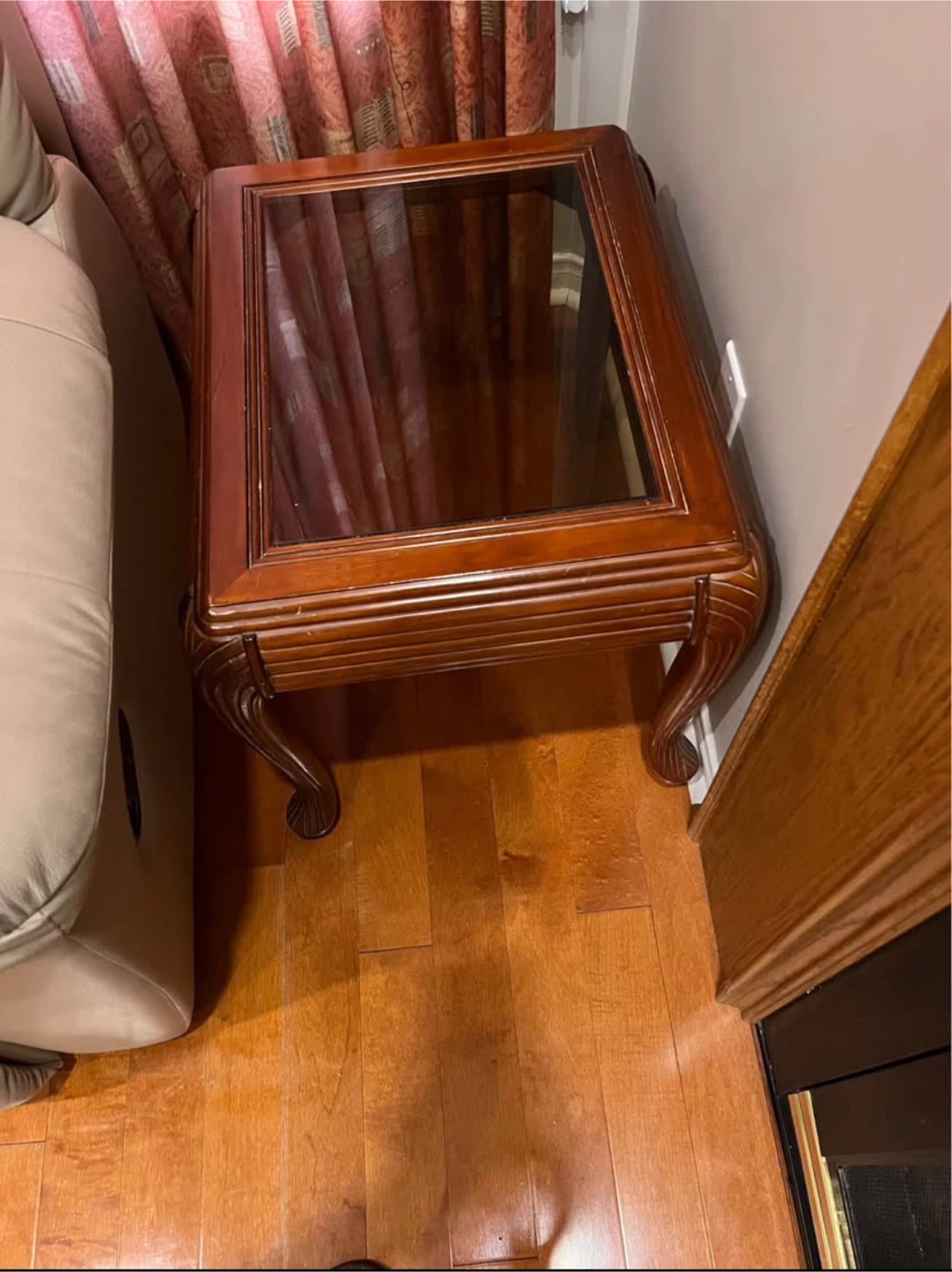 Brown Wood End Table with Glass Top