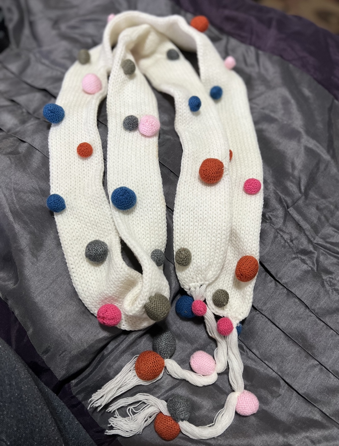 Brand New-White Knit Scarf with Pom Poms