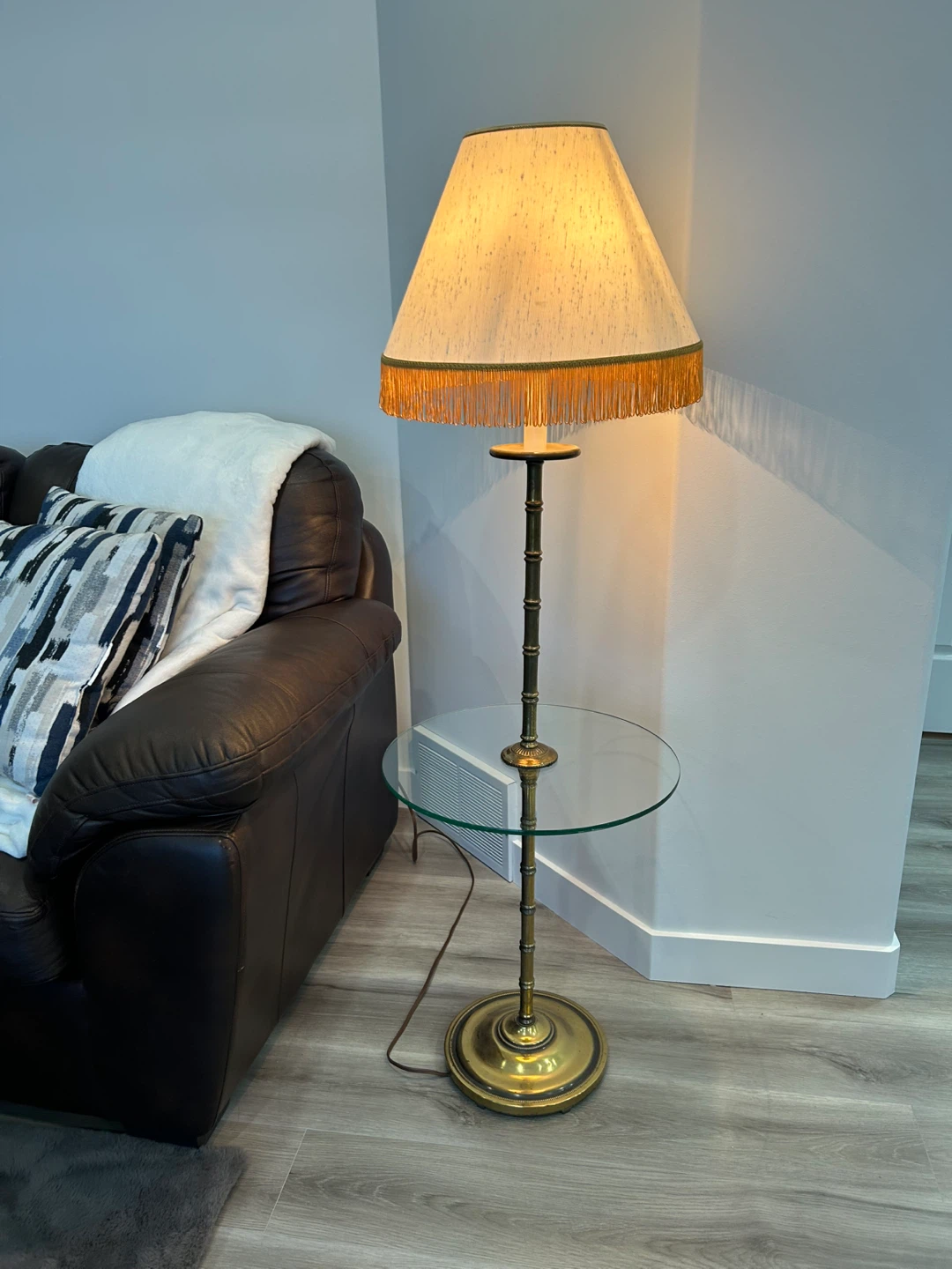 Vintage Brass Floor Lamp with Glass Side Table