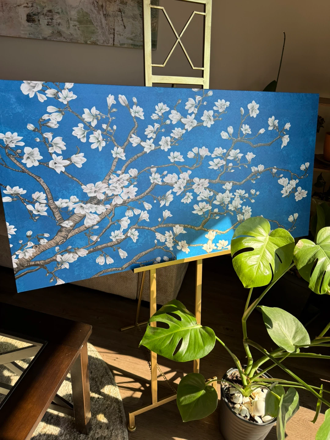 Floral Tree Painting on Blue Canvas - photo 3