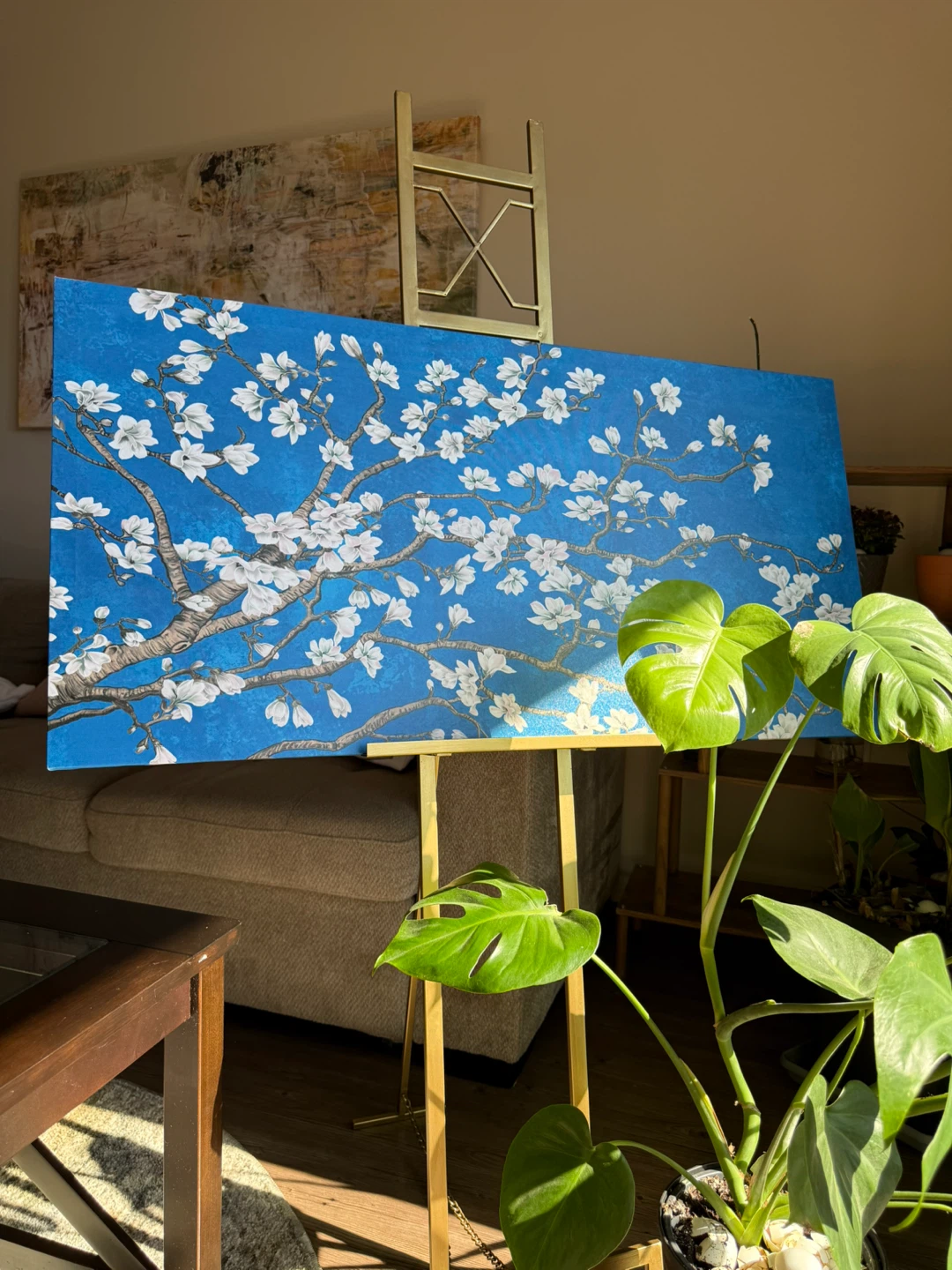 Floral Tree Painting on Blue Canvas